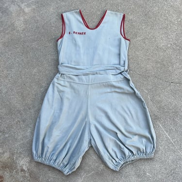 Vintage 1930s Blue Chambray Cotton Jumpsuit Playsuit Gym Outfit Romper Red Trim