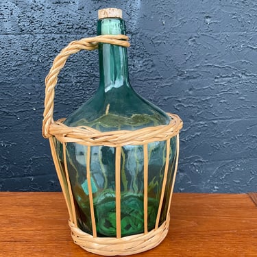 Green Glass Bottle with Cork and Wicker