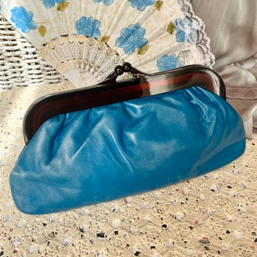 Luxe Blue Leather Clutch, Shimmery, Lucite Frame and Clasp, Vintage 60s 70s 