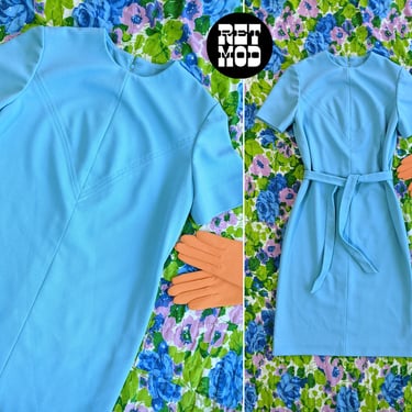 Cute Atomic Vintage 60s 70s Pastel Blue Textured Rose Patterned Solid Scooter Dress 