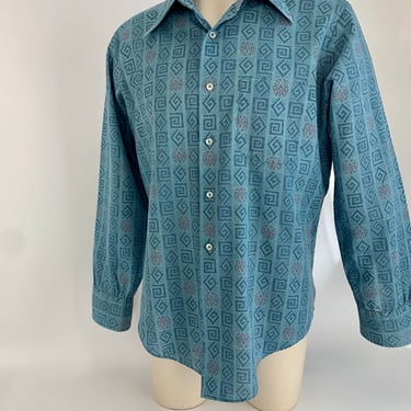 1970'S Shirt  - MAC PHERGUS Label - Permanent Press - Long Lapels - Double Buttoned Cuffs - Poly/Cotton Blend - Men's LARGE 
