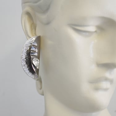 1980s Silver Metal Folded Pierced Earrings with Rhinestones 