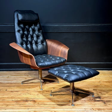 Restored Plycraft Chair and Ottoman by George Mulhauser - Mid Century Modern Bent Wood Walnut Lounge Mr. Chair 