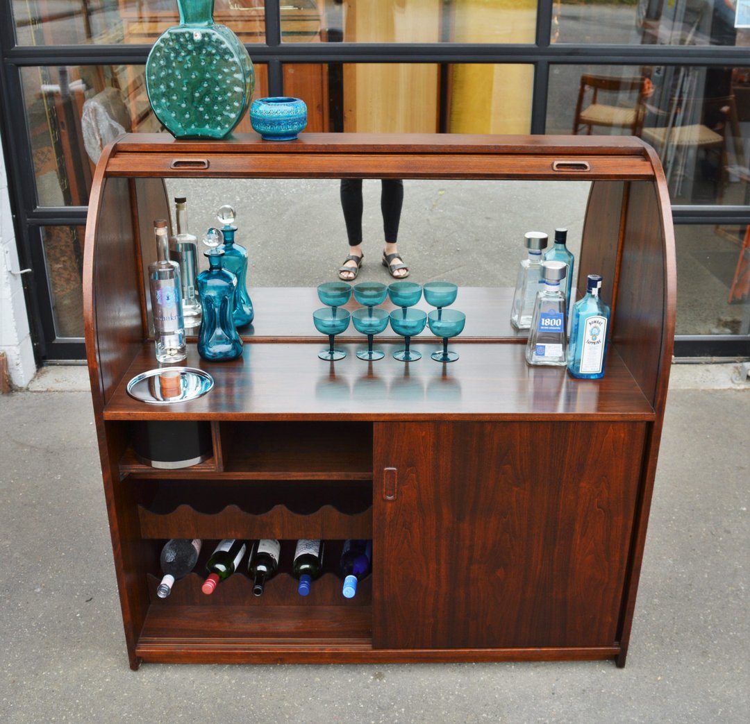 Fab Walnut Tambour Door 2 Door Mirrored Bar MidCentury