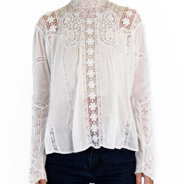 Victorian White Organic Cotton Voile  Lace Swan Neck Blouse 