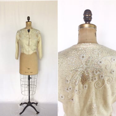 Vintage 50s beaded Cardigan | Vintage ivory beaded floral Cardigan | 1950 ivory beaded sequins sweater jumper 