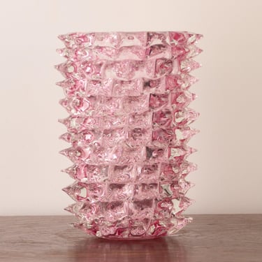 Rostrato vase made of authentic Venetian pink and clear Murano glass, handmade Made in Italy in the style of Ercole Barovier height 27 cm 