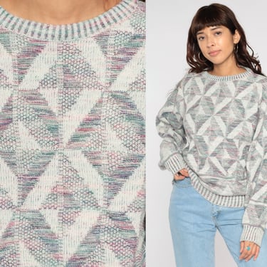 Geometric Knit Sweater 80s 90s Grunge Sweater Boho Slouchy Diamond Print Heather Grey Green Woven Crewneck Pullover Jumper Vintage Large 