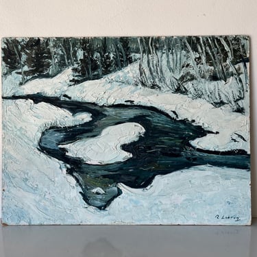 60's R. Lebrun Expressionist Style Winter River Landscape Oil Painting 