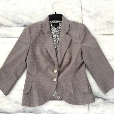 Y2K Vintage Nicole Miller Blazer Gray Plaid 3/4 Sleeve 2 Button Women 8 Career 