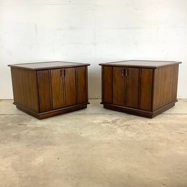 Vintage Modern Side Tables With Cabinet Storage- Pair 