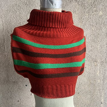 Vintage 1930s Wool Knit Striped Turtleneck Sweater Blouse Vest Red Green Brown