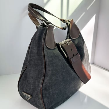 PRADA Y2K Jumbo Buckle Hobo Bag with Logo Triangle in Blue Denim + Brown Leather Half Moon Tessuto Y2K 90s Silver 