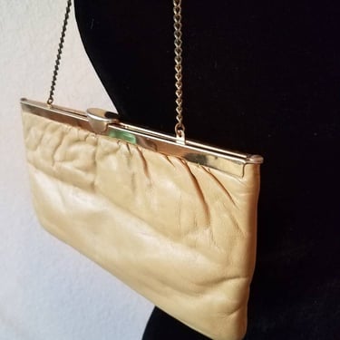 Tan leather purse vintage with chain strap by HL USA, 1960s 