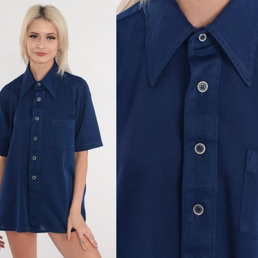 70s Button Up Shirt Navy Blue Oxford Shirt Dagger Collar Boho 1970s Shirt Disco Top Vintage Collared Plain Short Sleeve Men's Large 