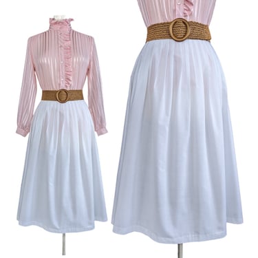 Vintage Pleated White Skirt, Medium, Flared A Line Summer Midi Skirt with Pockets 