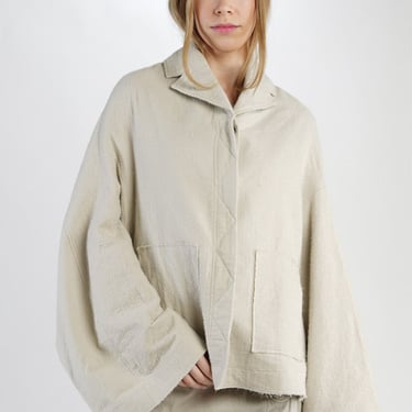 Distressed Details Oversized Drop Shoulder Linen, Wool and Silk Blend Jacket