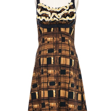 2010 Prada Embellished Ruffle Bust Watercolor Print Dress