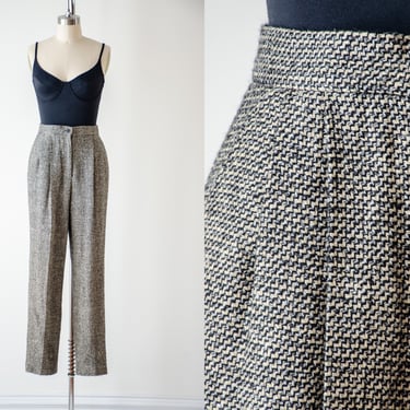 high waisted pants | 80s 90s vintage Carlisle beige black wool silk checkered pleated dark academia trousers 