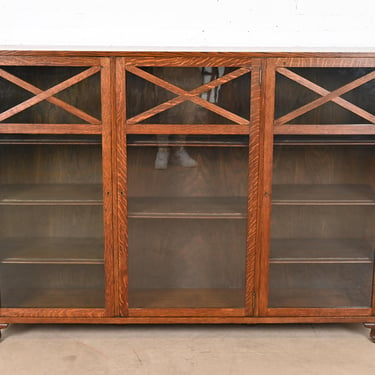 Stickley Brothers Style Antique Arts & Crafts Oak Glass Front Triple Bookcase, Circa 1900