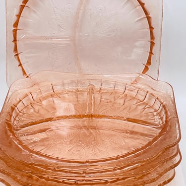 Set of 10 Vintage Pink Depression Jeanette Glass Adam Serving Plate Divided 9”x9” Chip Free 