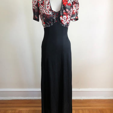 Black and Orange Floral Print Maxi Dress with Matching Shrug - 1970s 