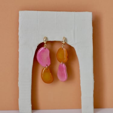 Multicolor Resin Dangle Earrings / Abstract Organic Shape / Bright Color Pink and Orange Jewelry 
