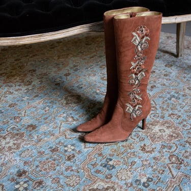 Vintage Carlos Santana Suede Embroidered Beaded Knee High Cognac Brown Stiletto Women's Boots - Size 7 