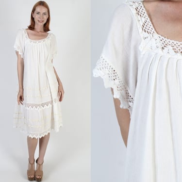 White Cotton Gauze Dress / Vintage 80s Plain Crochet Beach Cover / Lightweight Thin Pool Sundress / Sheer Low Cut Mexican Midi 