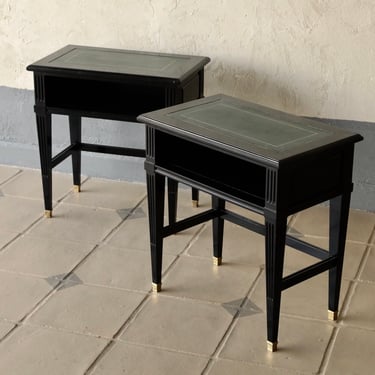 Pair of Maison Jansen Stamped Ebonized Side Tables with Green Leather Tops