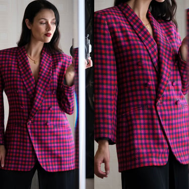 Vintage 80s Even Picone Sweetheart Houndstooth Plaid Double Breasted Blazer | 100% Wool | Made in USA | 1980s Designer Chic Power Blazer 