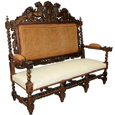 Antique Sofa, French Louis XIII Carved Walnut, Griffins Flanking Crest, 1800s