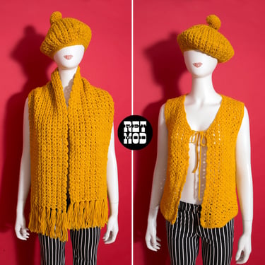 FABULOUS Vintage 70s 3-Piece Mustard Yellow Crochet Set of Hat, Vest & Scarf 