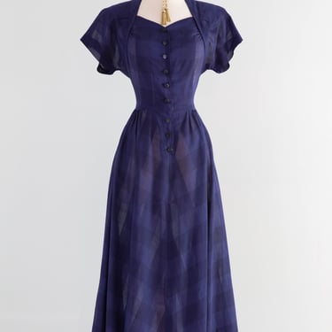 Classic Early 1950's Navy Blue Gingham Pattern Cotton Voile Day Dress / M