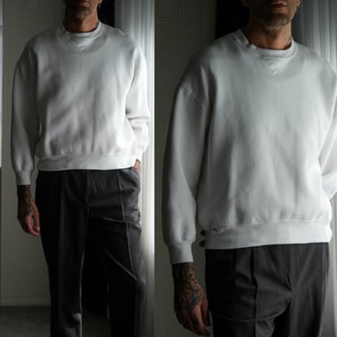 Vintage 90s Russel Athletics White Fleece Crewneck Sweatshirt | Made in USA | 50/50 Cotton Poly | 1990s Designer Boxy Fit Unisex Sweater 