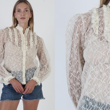 Cream Lace Victorian Blouse, Vintage 70s Country See Through Top, Sheer Floral Edwardian Peasant Shirt 