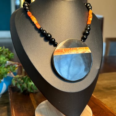 Vintage Karla Jordan Pendant Necklace Coral Black Glass Beads Retro Jewelry Gift 