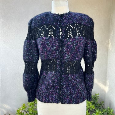Vintage black purples  handmade crochet knit cardigan sweater S/M 