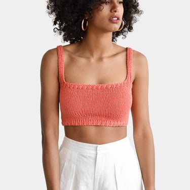 Square Neck Crop Top, Minimal Knit Top, Cropped Yoga Top, Hand Knit, Square Neckline,Sports Knit Bra, Fitted Cotton Bralette in Coral Orange 