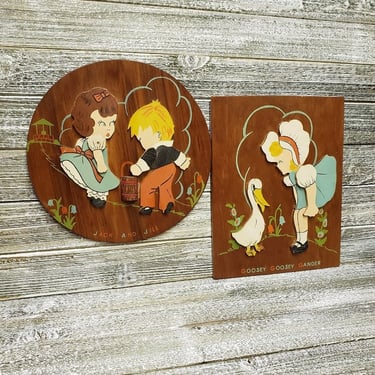 1940s Vintage Mother Goose Wall Plaques, 3D Jack and Jill & Goosey Goosey Gander, Children's Nursery Rhymes Fairy Tales, Vintage Wall Decor 