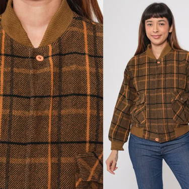 Vintage 70s Wool Plaid Jacket Brown and Black Checkered Bomber with Houndstooth Lining 1970s Outerwear Wool Blend Small S 