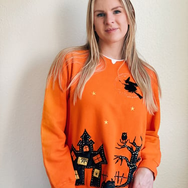 Vintage 90's Halloween Sweatshirt / Witch, Haunted House and Detailed Beading 