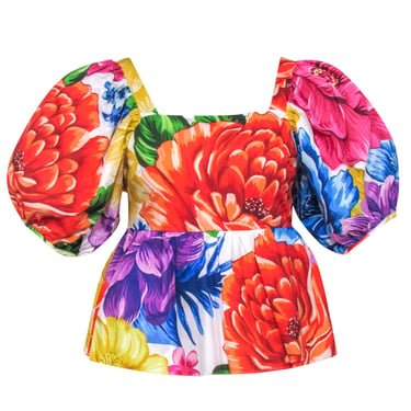 Farm - Rainbow Floral Print Puff Sleeve Peplum Blouse Sz XS