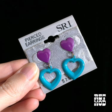 DEADSTOCK Adorable Vintage 80s 90s Purple & Turquoise Metal Heart Drop Earrings 