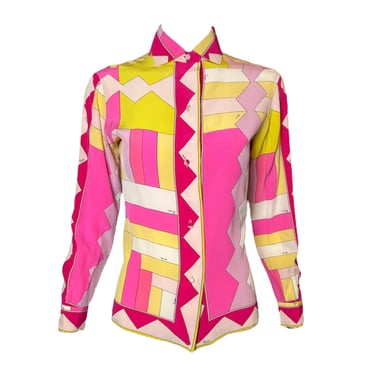 Emilio Pucci Pink & Yellow Silk Geometric Block Button-Up Blouse