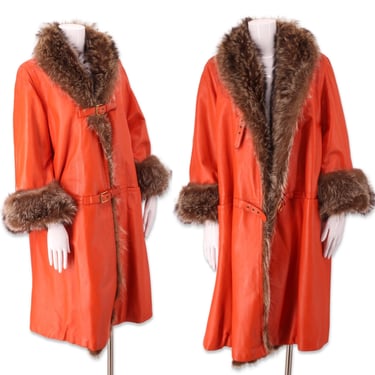 70s SILLS Bonnie Cashin leather fur coat L / vintage 1970s orange raccoon trim coat, fur trim winter coat, cashin coach coat, penny lane 