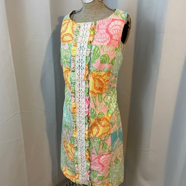 Lilly Pulitzer 80s vintage a line print dress with lace ruffle 8 M 
