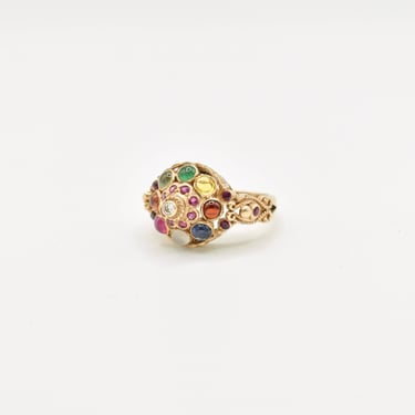 Multi-Gemstone Dome Ring In 14K Yellow Gold, Statement Ring, Estate Jewelry, Size 7 US 
