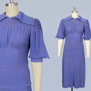 1930s Dress / 30s Smocked Crepe Dress / Periwinkle Purple / Dagger Collar 