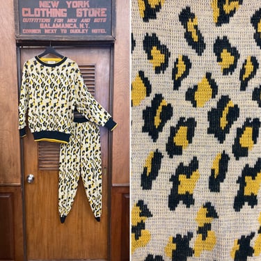 Vintage 1970’s Leopard Animal Print Mod Knit Sweater Top & Pants Two Piece Set, 1970’s, 2 Piece, Matching Set, Leopard Print, Knit Set, Mod, 